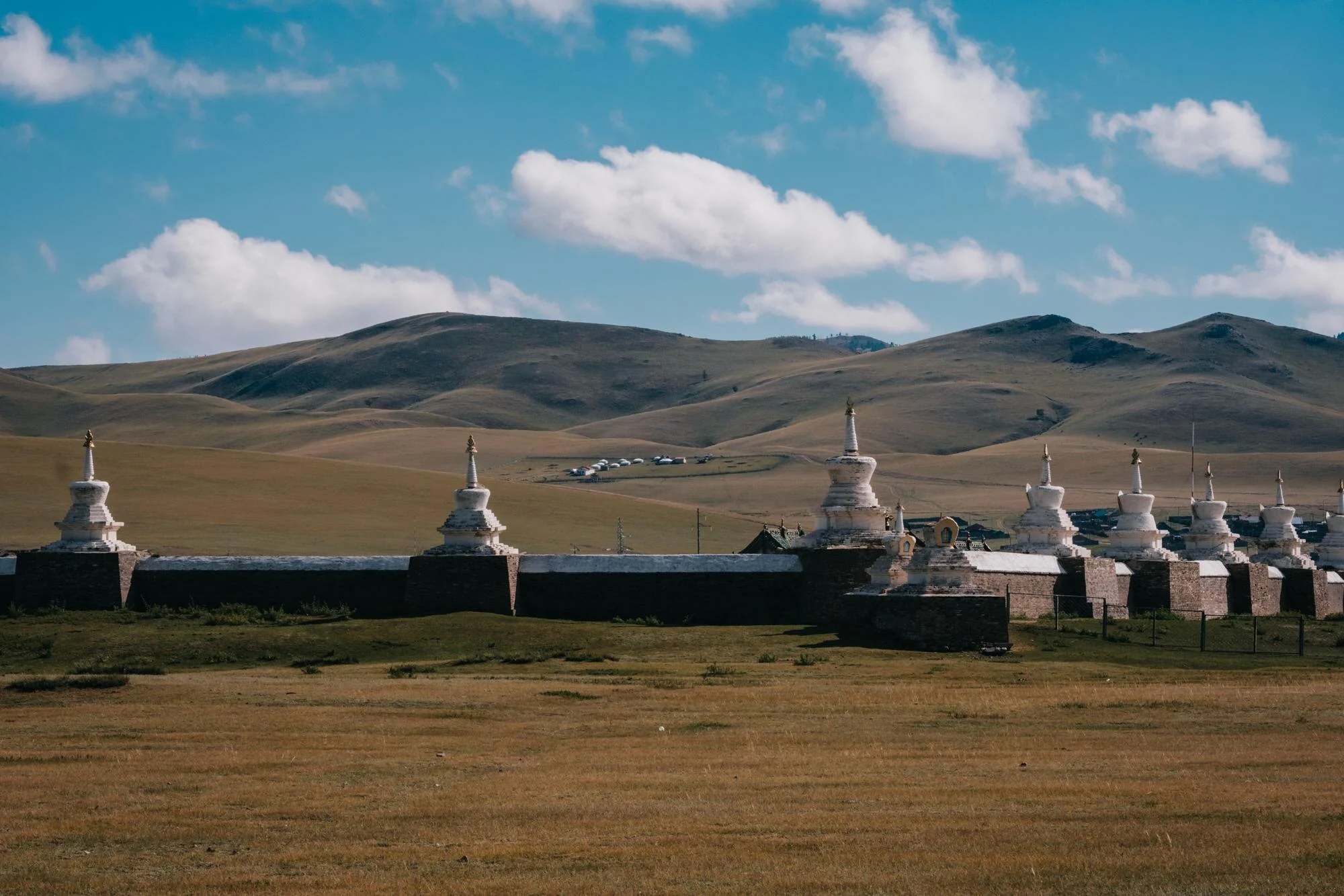 White walls and stupas of Erdene Zuu Monastery in Kharkhorin.