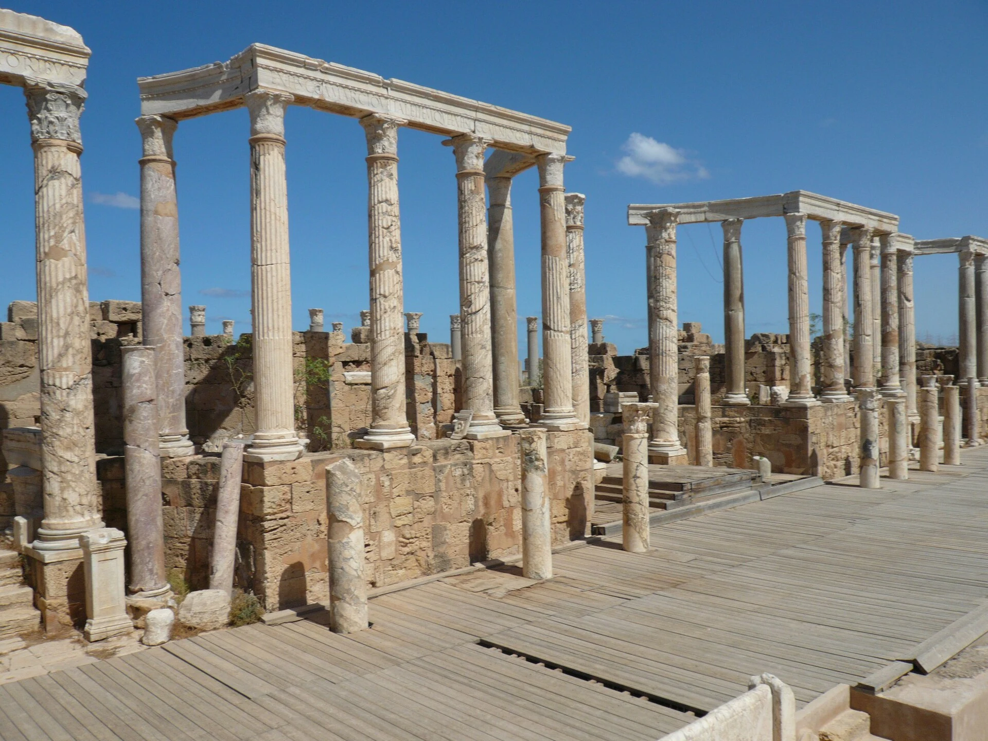Wide view of the archaeological ruins of Leptis Magna on the Libyan coast.