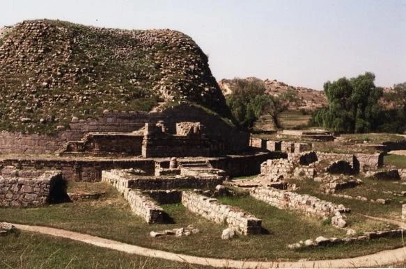 Main stupa and votive chapels at the Dharmarajika complex in Taxila.