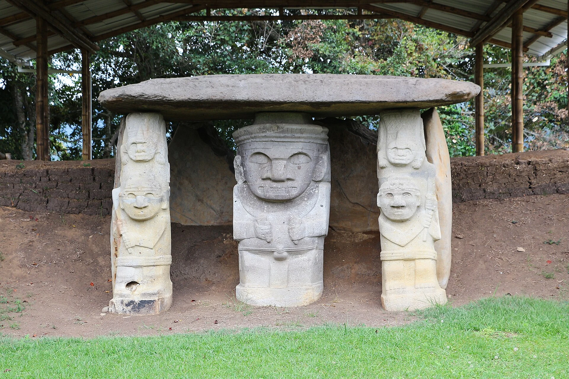 Stone sculptures and a funerary mound at Mesita A in San Agustín Archaeological Park.