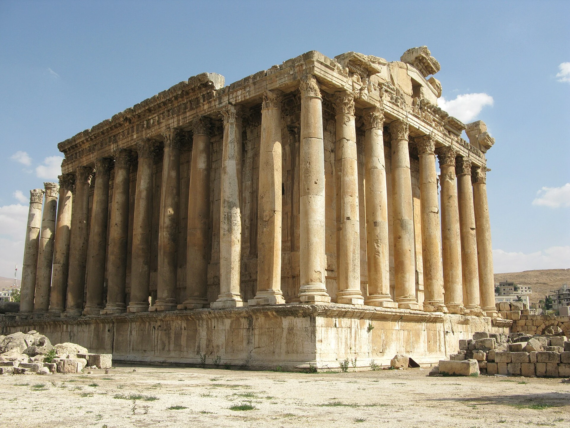 Monumental façade of the Temple of Bacchus at the Baalbek archaeological site.