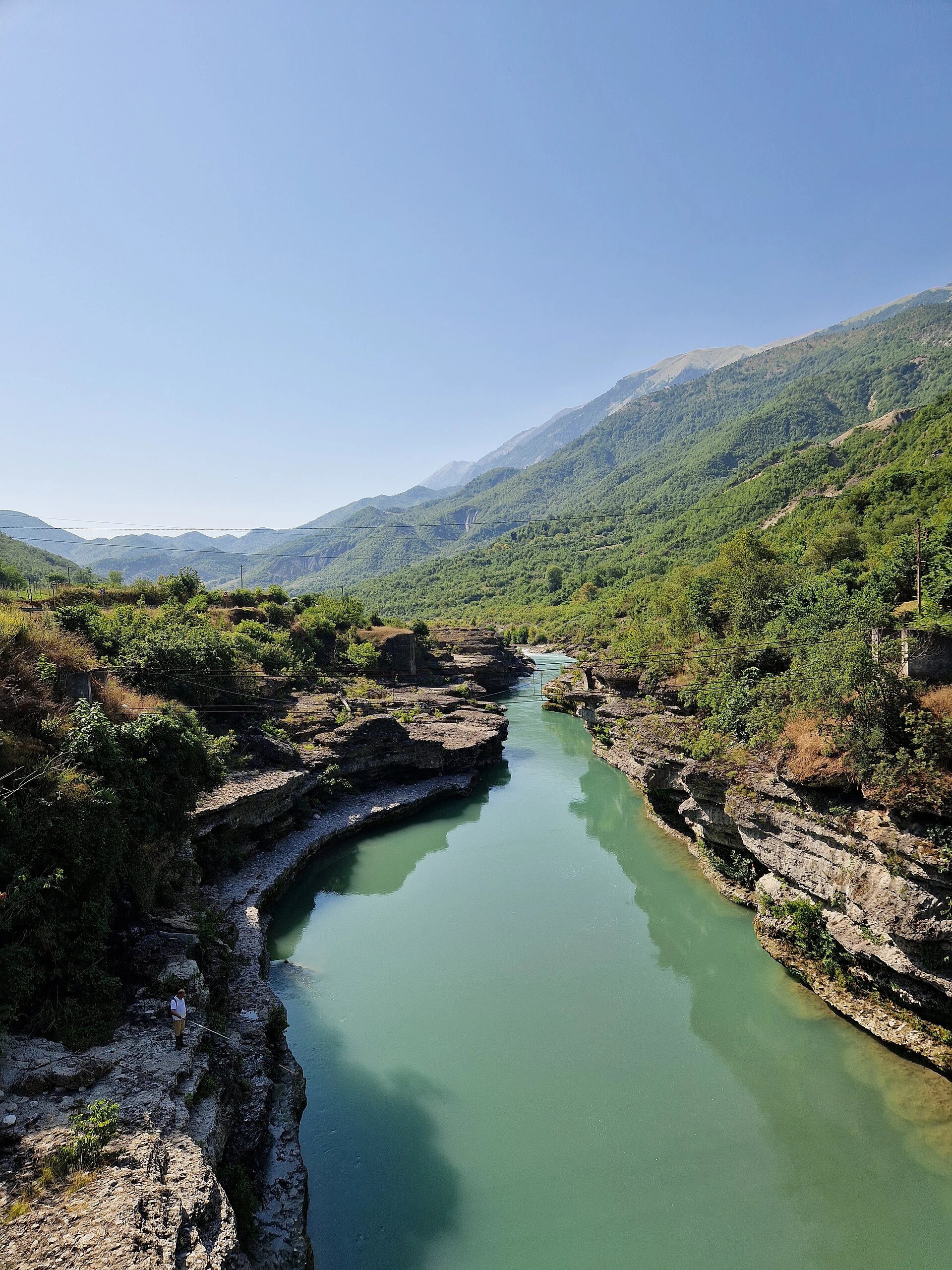 Vjosa River channel and gravel bars in the valley near Këlcyrë, Albania.