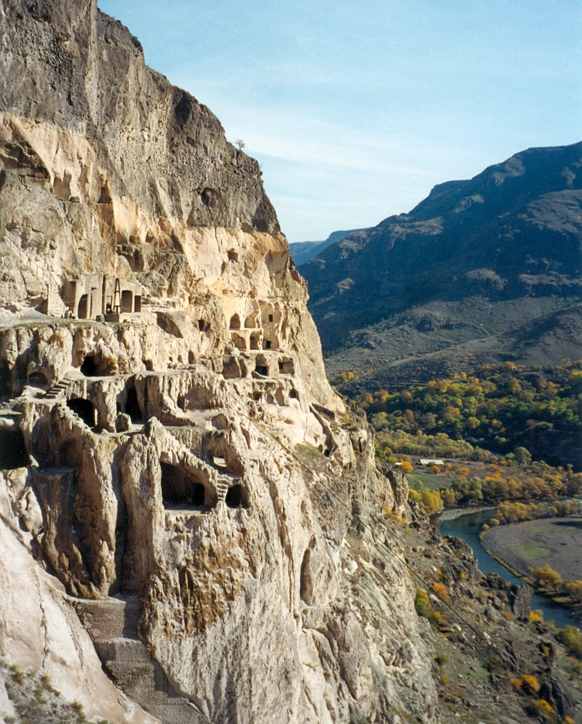 Vardzia rock-cut monastery carved into a cliff above the Mtkvari valley.