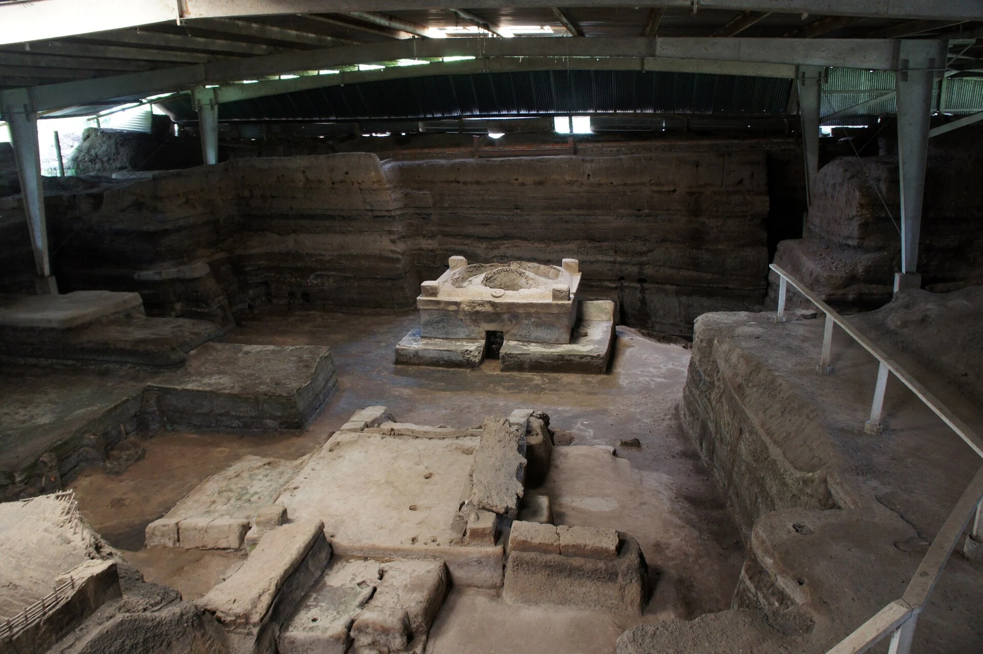 Excavated structures beneath protective shelters at Joya de Cerén.