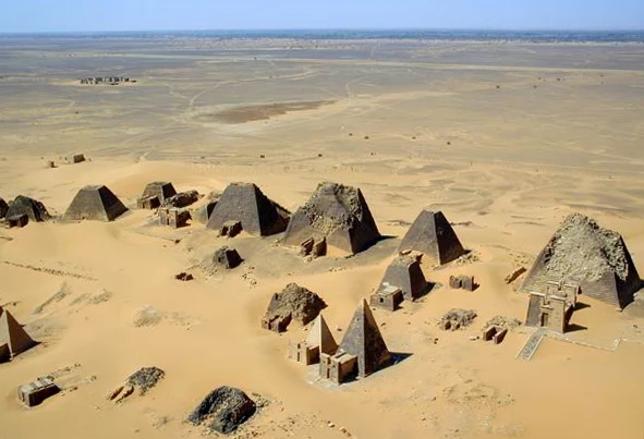 Pyramids of Meroe’s royal necropolis in Sudan’s semi-desert landscape.