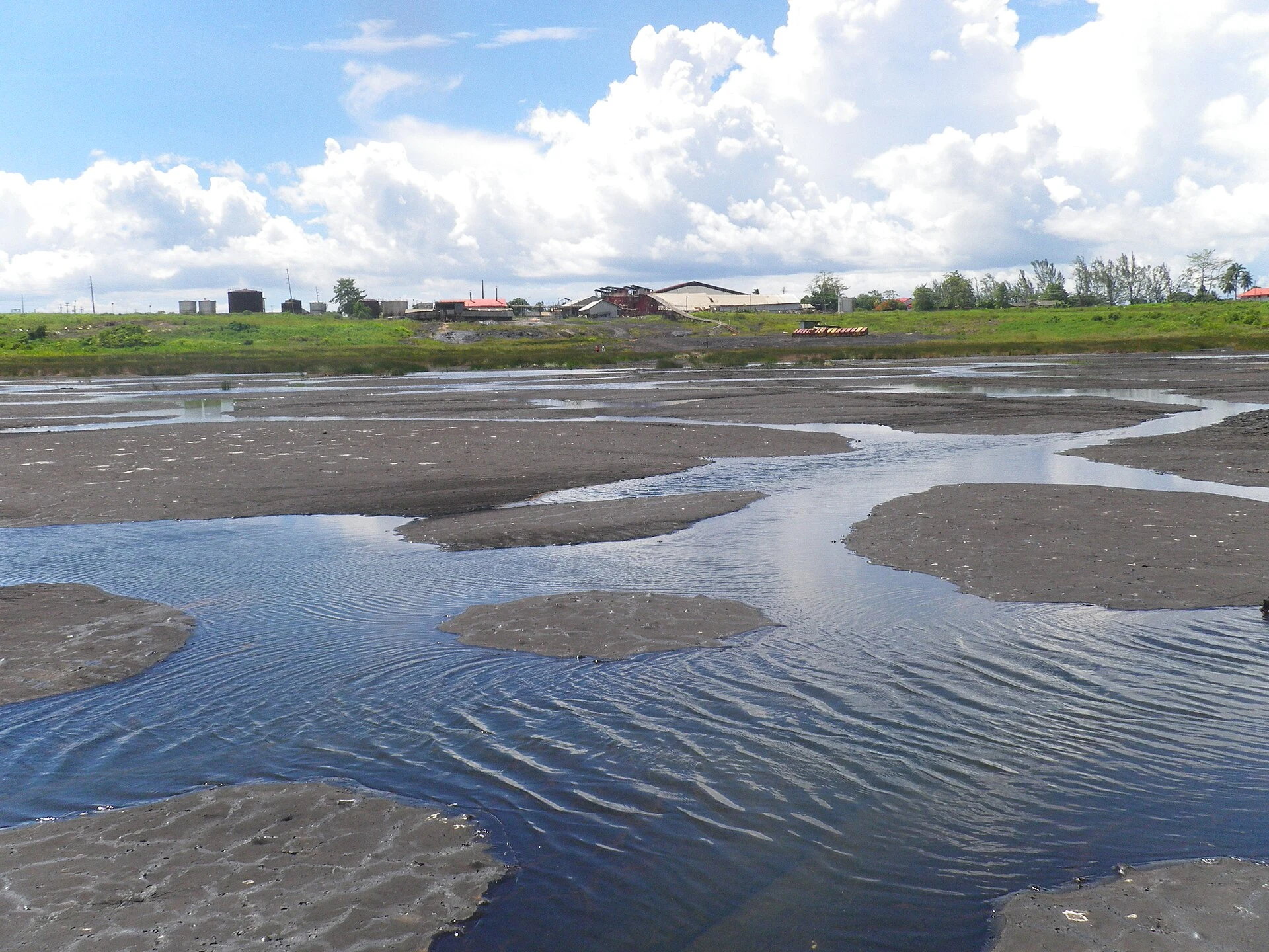 Natural asphalt surface with fissures and water at Pitch Lake, La Brea