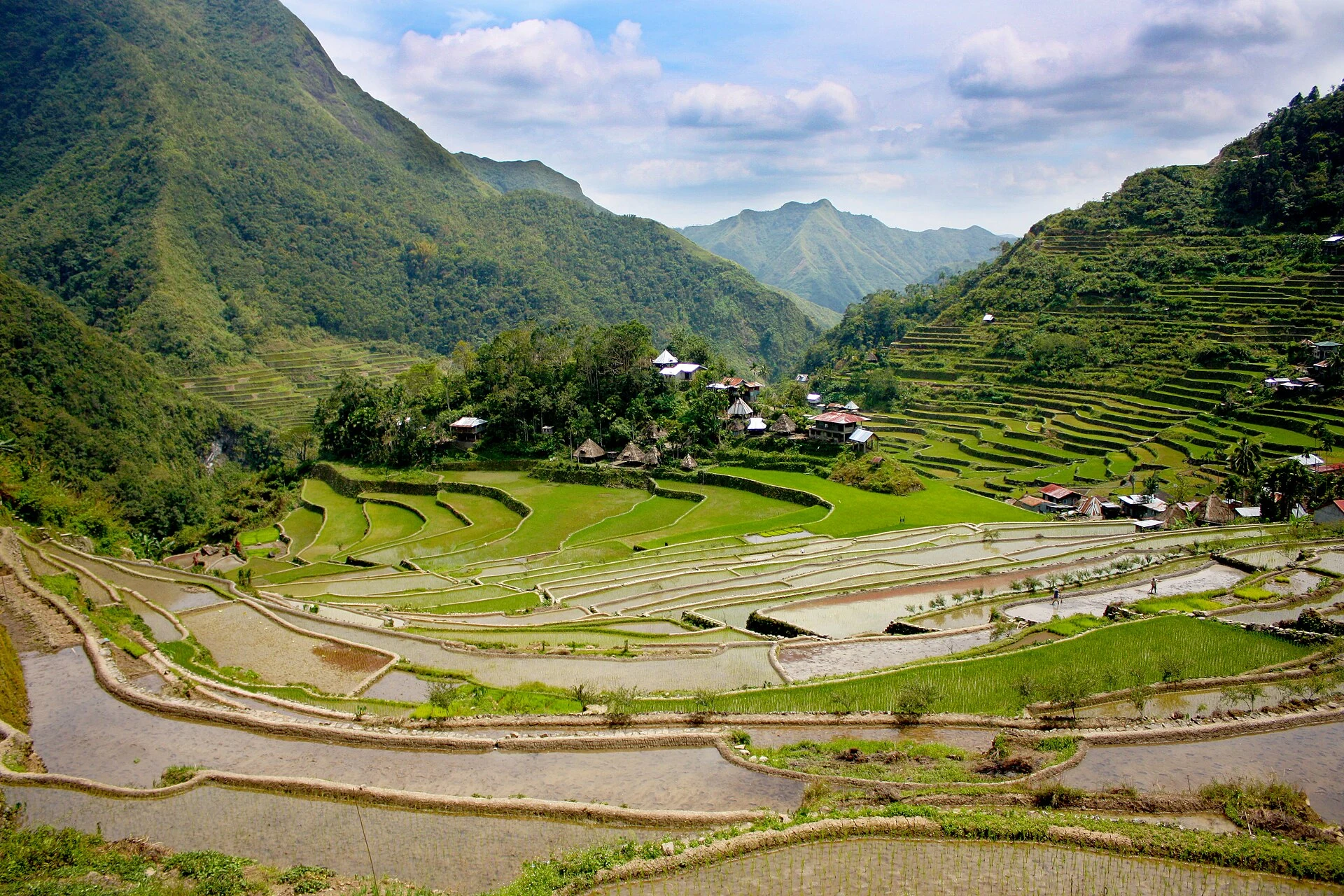 Amphitheatre-shaped rice terraces surrounding Batad village in Ifugao.