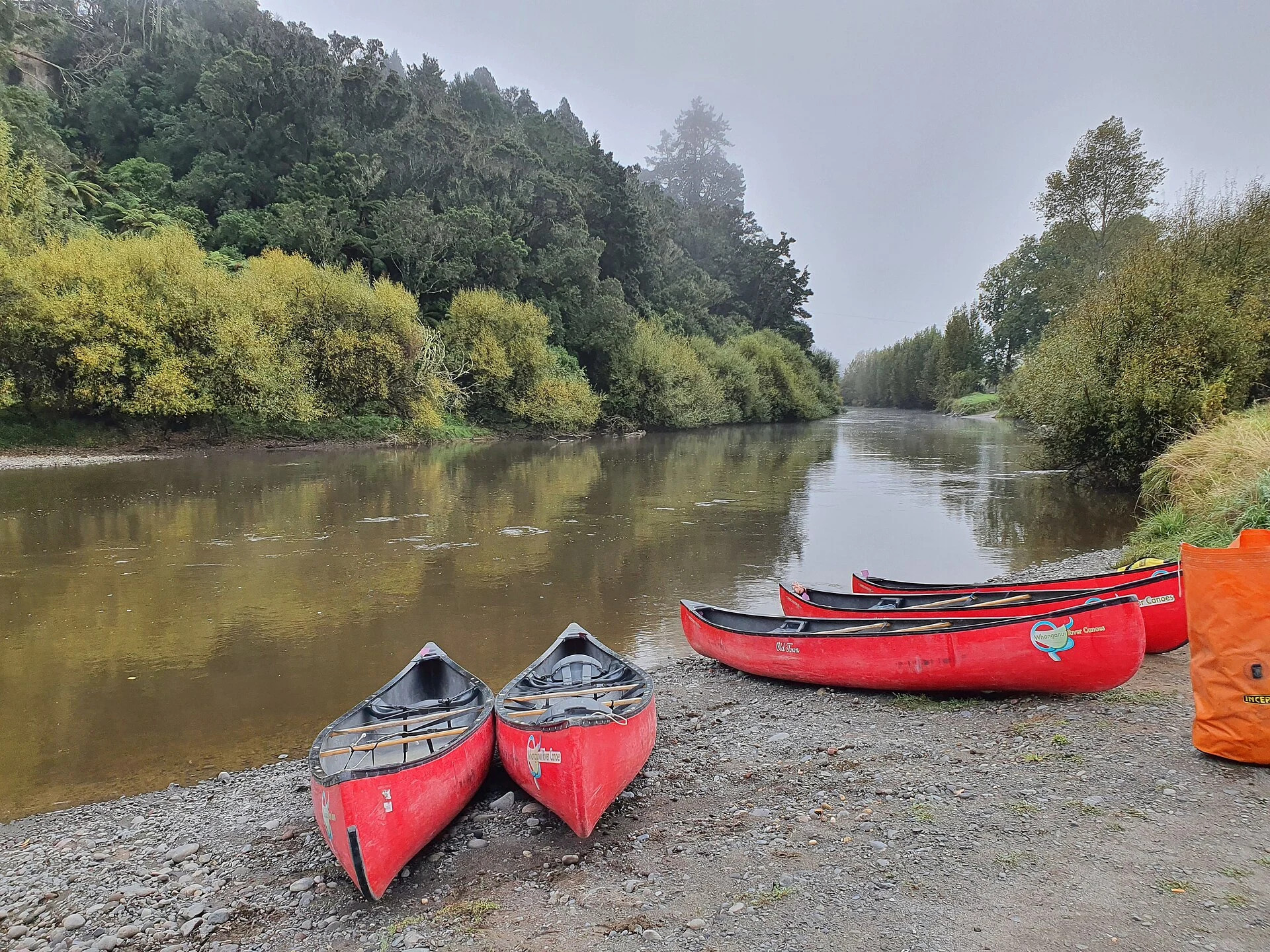 Loaded canoes travel through a forested gorge on the Whanganui River.
