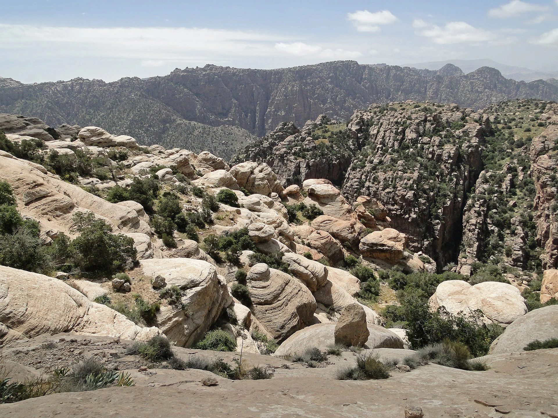 Wide view of sandstone escarpments and Wadi Dana valley in Dana Biosphere Reserve.