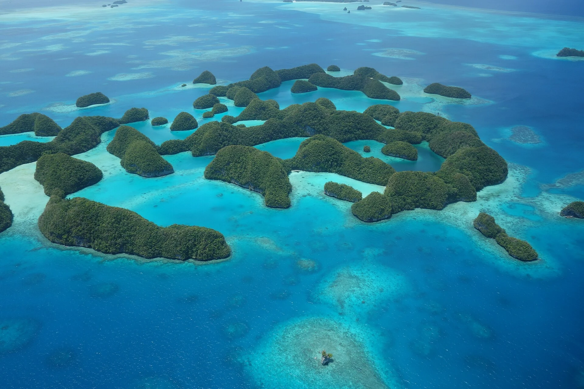 Forested limestone Rock Islands above Palau’s Southern Lagoon.