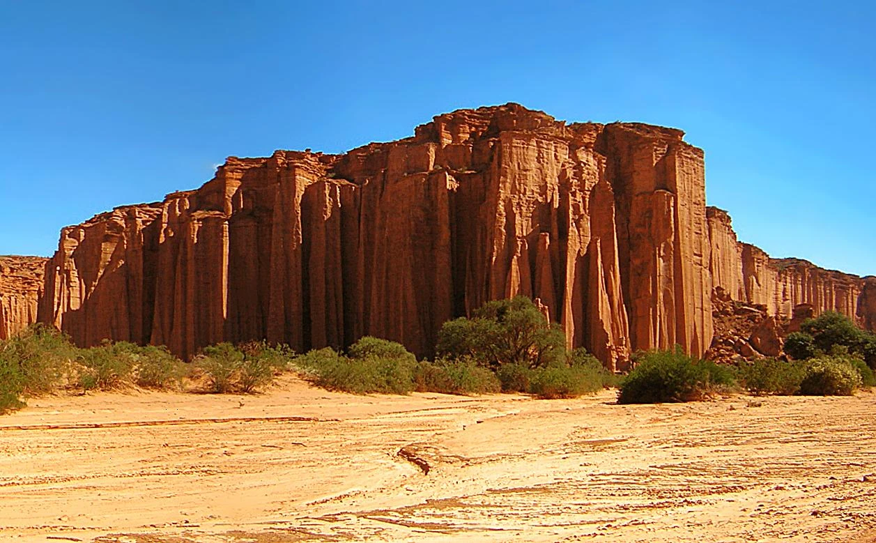 Red sandstone walls in Talampaya Canyon.
