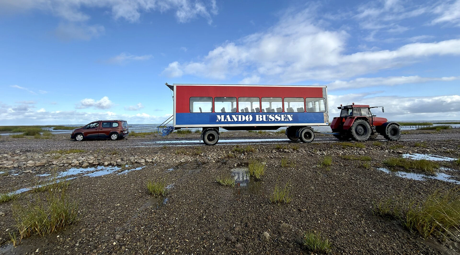 Låningsvejen tidal causeway to Mandø with the Wadden Sea seabed exposed.