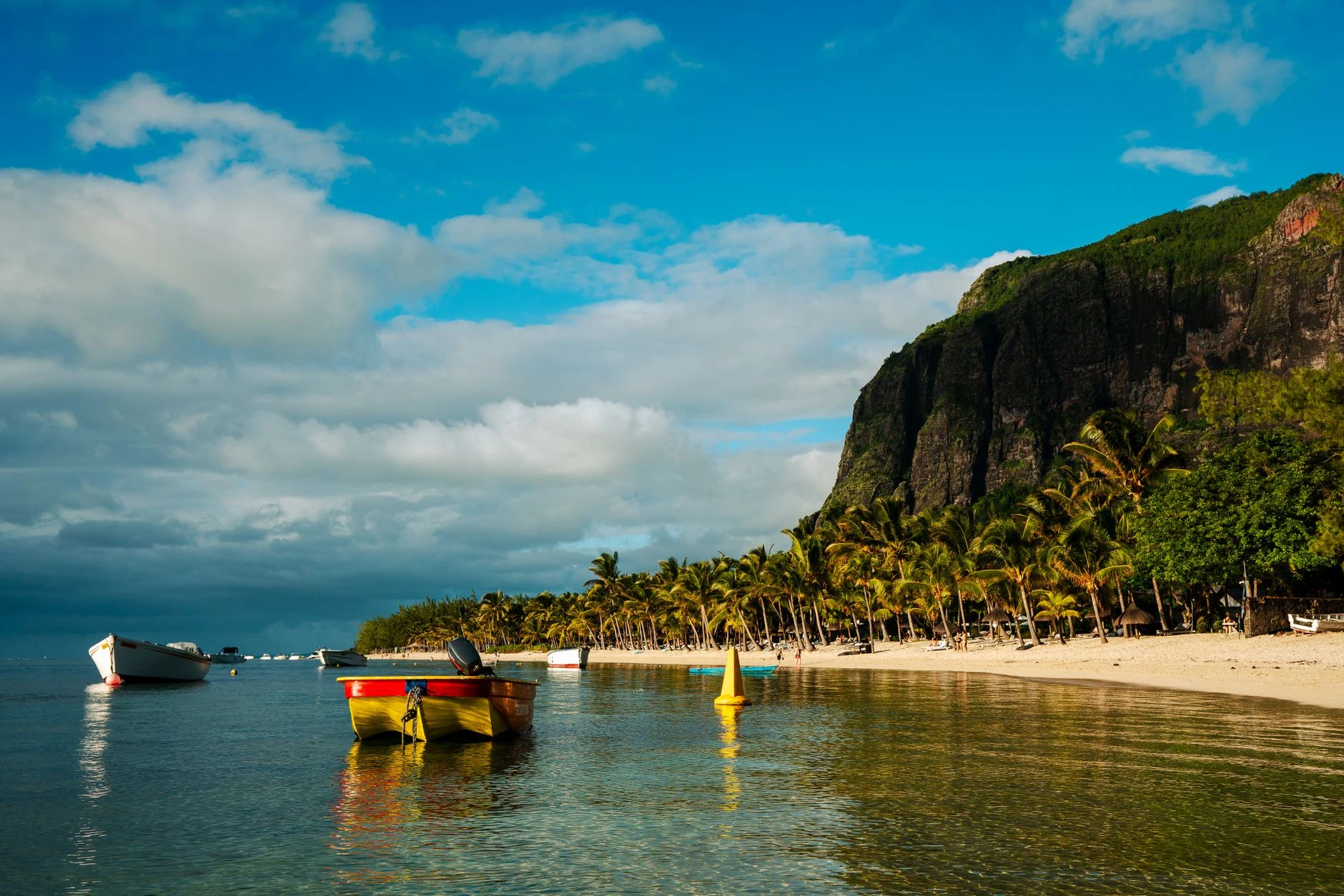 Beach with palm trees and boats at Le Morne, Mauritius.