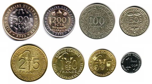 West African CFA franc notes and coins as currency context.