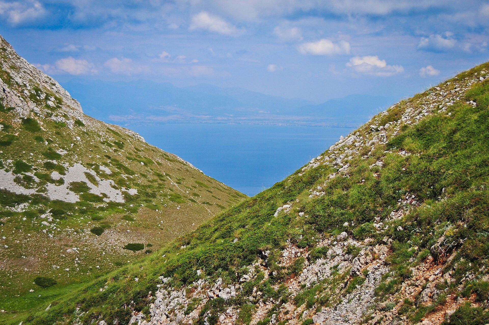 Hiker on a marked trail in Galicica National Park above Lake Ohrid