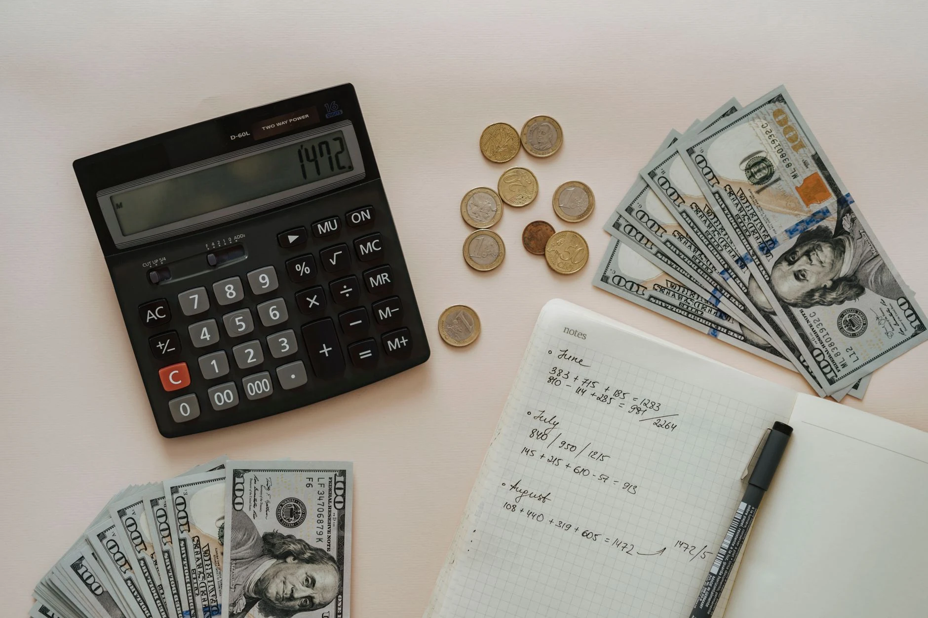 Notebook and calculator as generic travel-budget context.