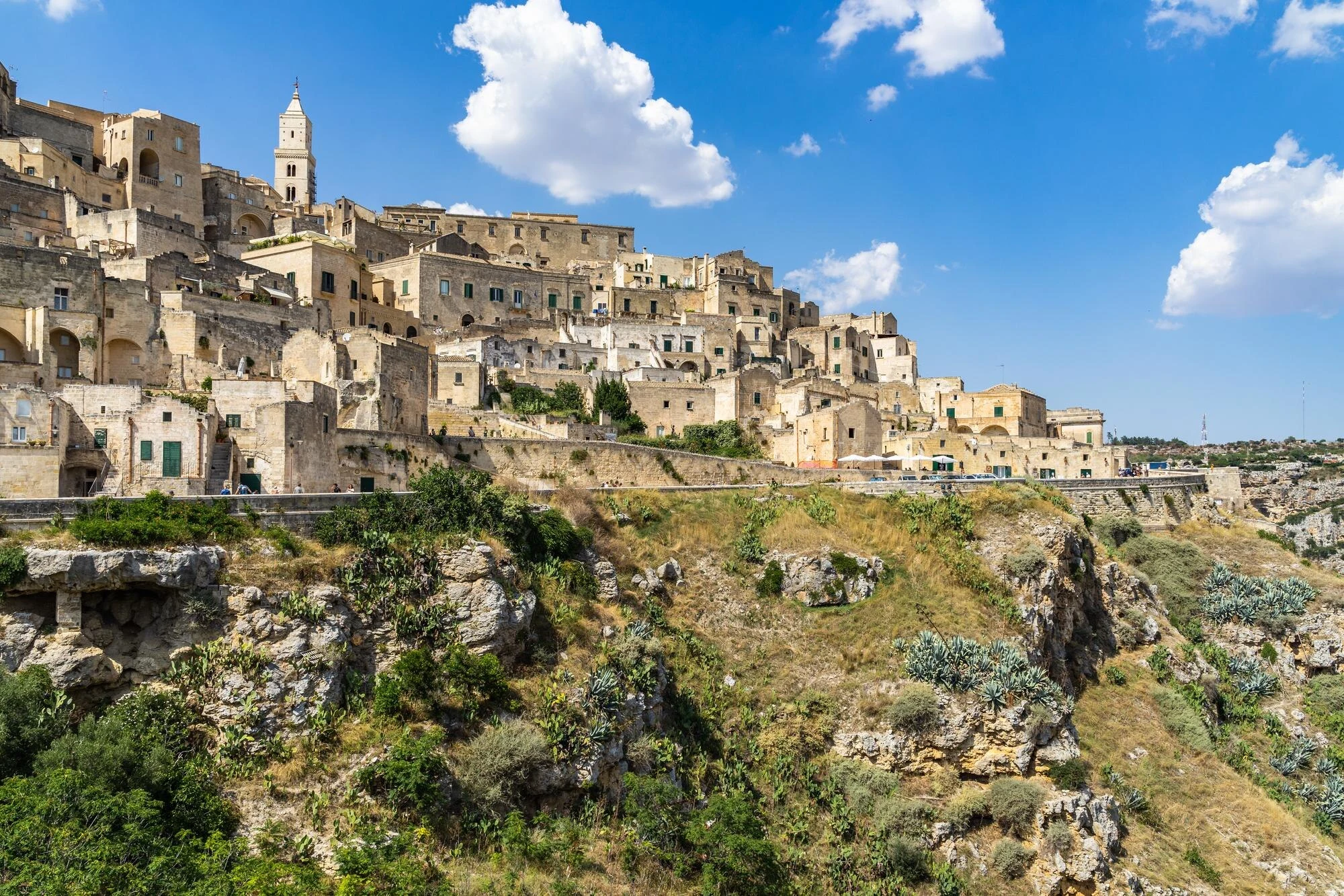 Terraced Sasso Caveoso facing the Gravina landscape in Matera.
