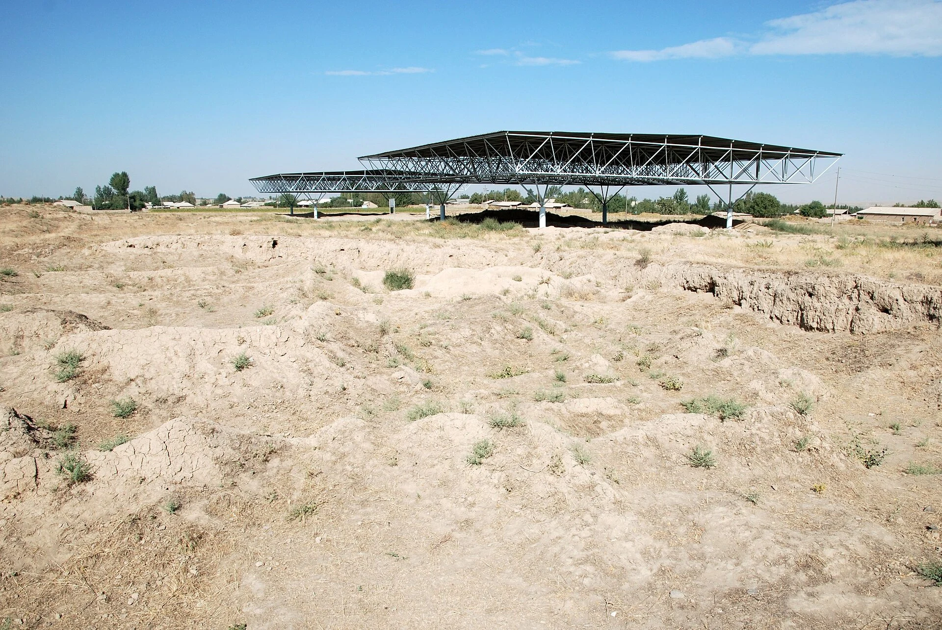 Protected archaeological structures at the proto-urban site of Sarazm, Tajikistan.