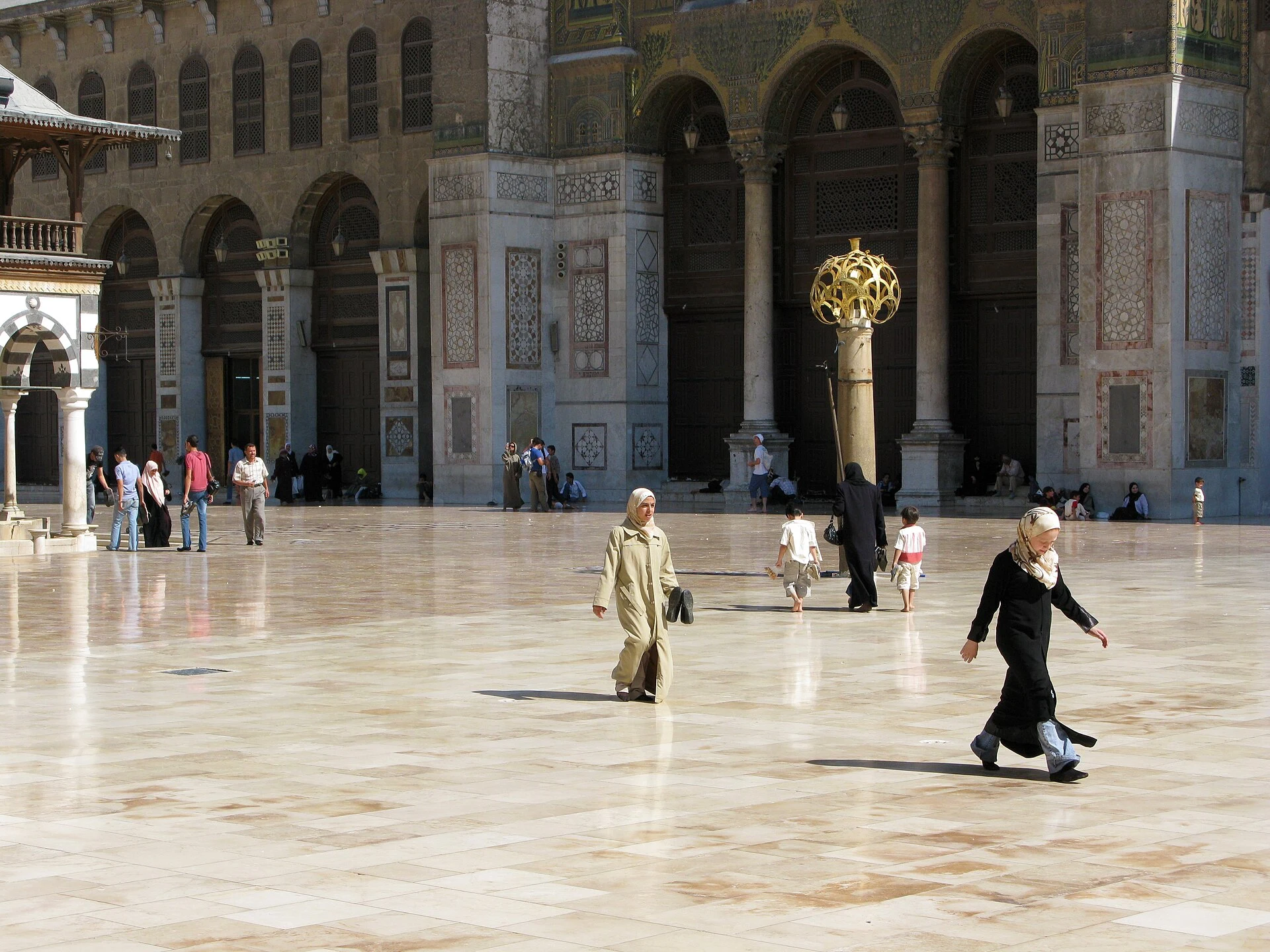 Courtyard and arcades of the Umayyad Mosque in Damascus.