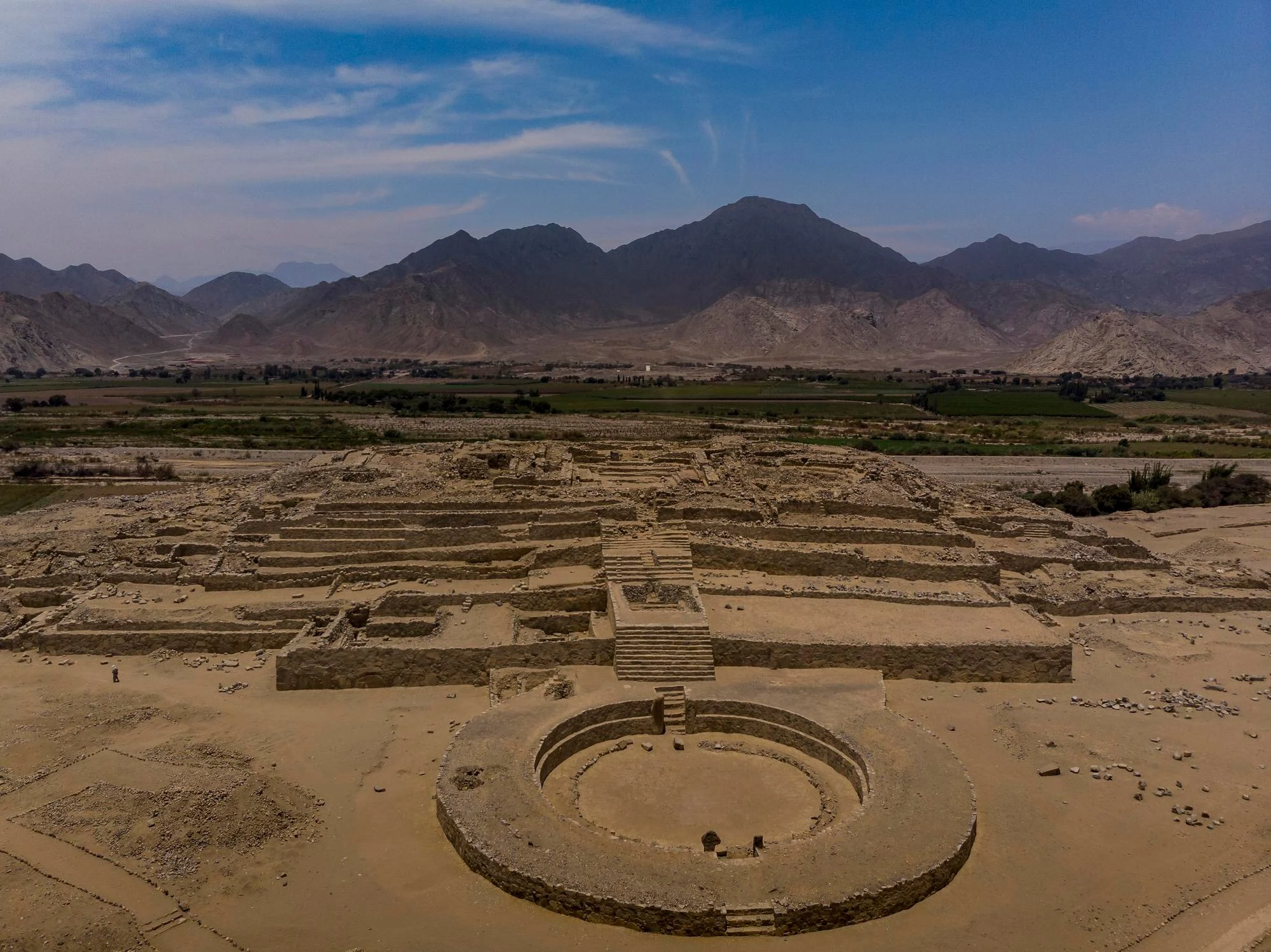 Monumental platform structures at the Sacred City of Caral-Supe above the Supe Valley.